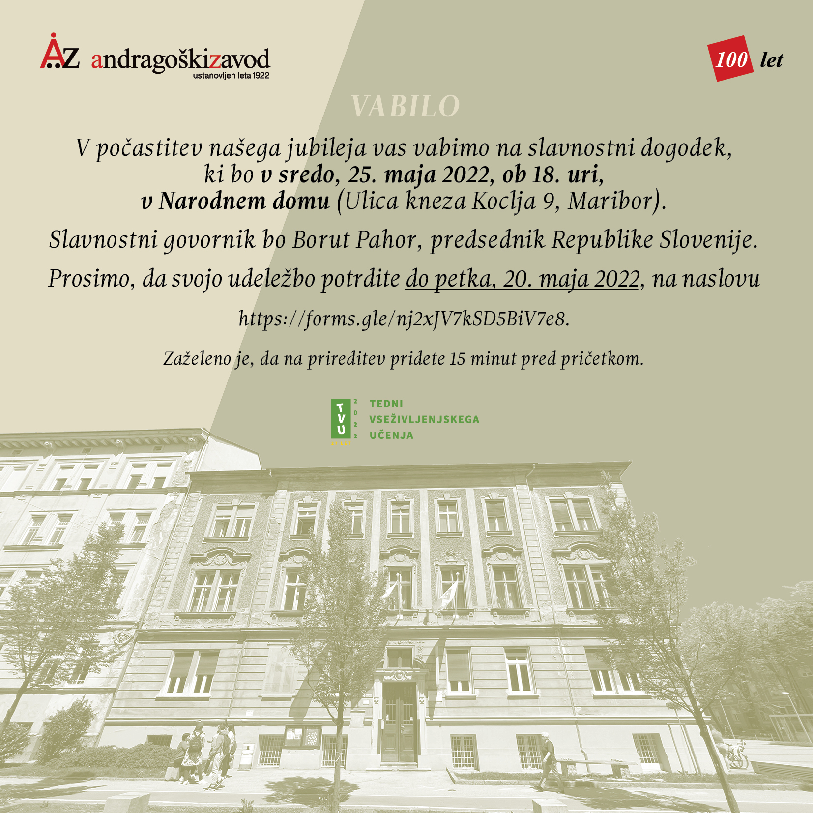vabailo 25.maj slavnostni dogodek ob 100-letnici zavoda, jubilej, Andragoški zavod Maribor - Ljudska univerza